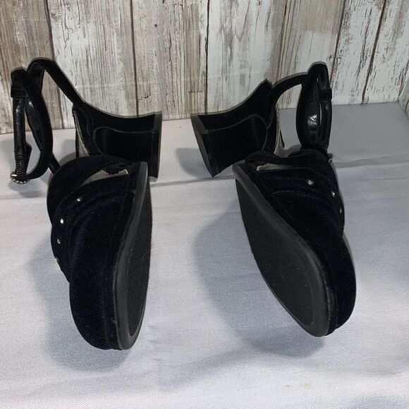 Vintage 90’s Black Velvet Square Toe Ankle Strap Chunky Heels Size 9 - Picture 12 of 16